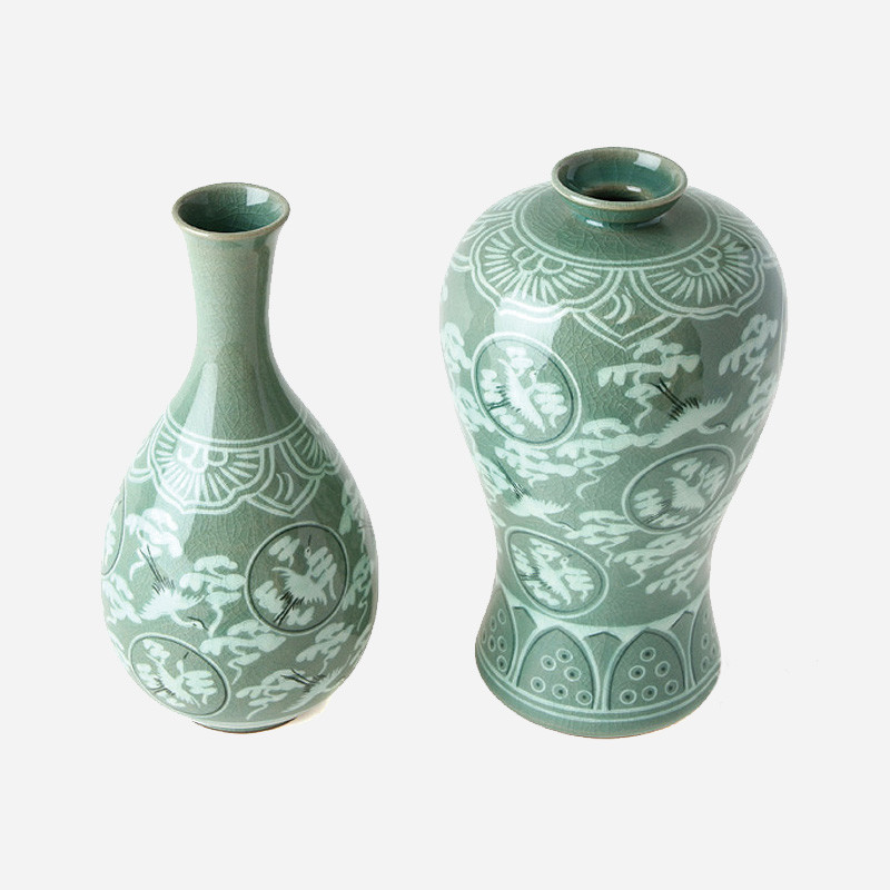 청자상감운학 주매병세트(중)-보자기포장 - 아름다운 고려 청자의 고귀함