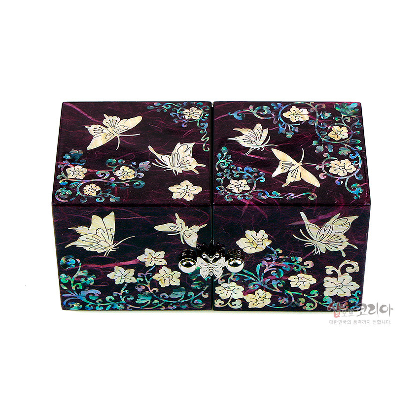 한지와 자개-쌍합 당초나비(보라) - 신비한 느낌의 한지 쌍합보석함