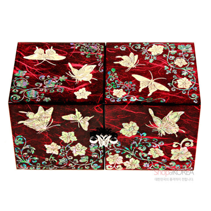 한지와 자개-쌍합 당초나비(적색) - 한지 자개의 조화가 아름다운 보석함
