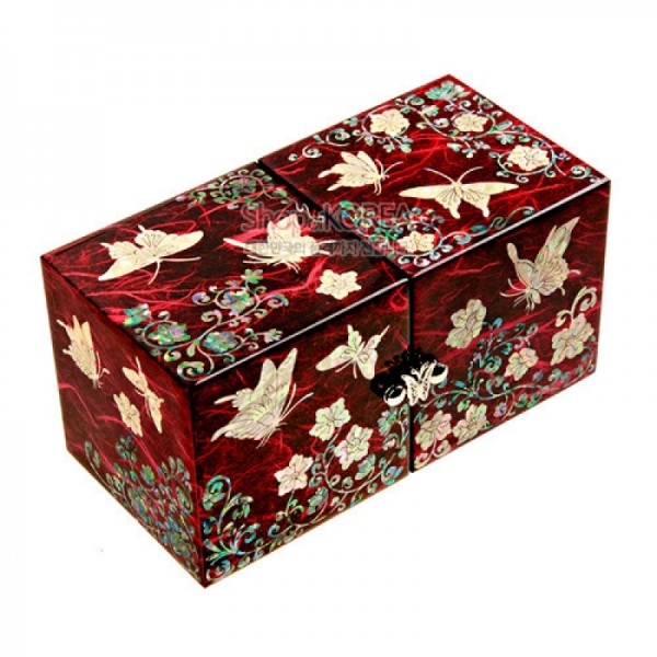 한지와 자개-쌍합 당초나비(적색) - 한지 자개의 조화가 아름다운 보석함