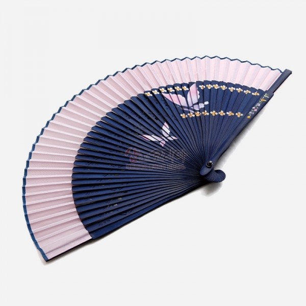 실크수공부채 [남색대/분홍색날] - 아름다운 디자인 한국 전통 부채