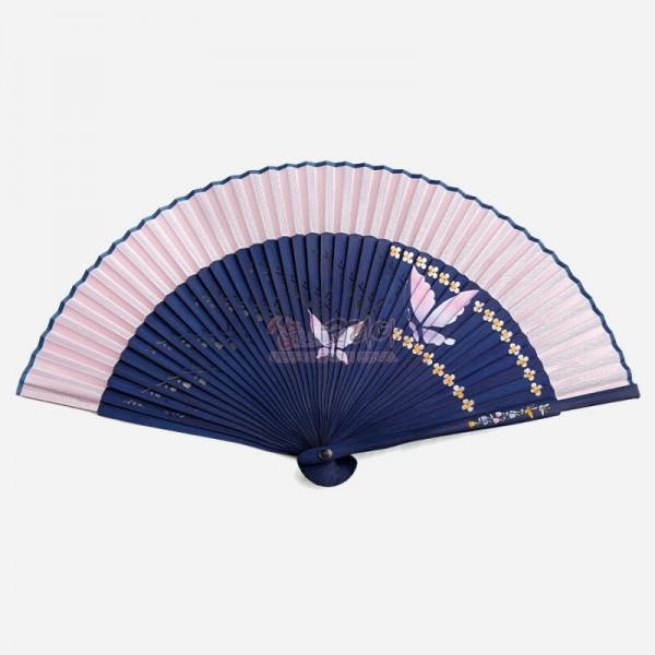 실크수공부채 [남색대/분홍색날] - 아름다운 디자인 한국 전통 부채