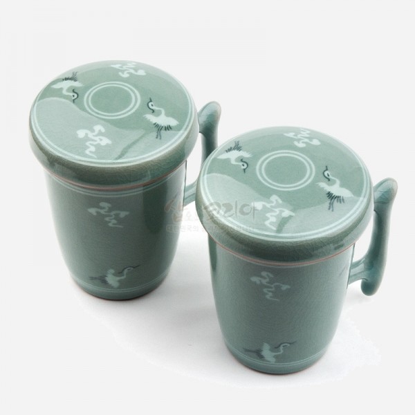 청자- 운학 큰머그세트 - 고려청자의 운학무늬인 건강과 장수, 고결함과 고귀함을 담은 큰머그세트