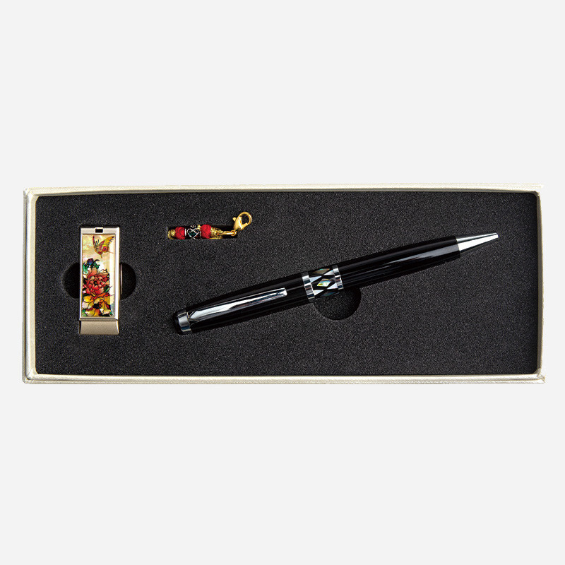 자개 USB 볼펜세트-목단나비[백]16G,32G - 자개에 전통 무늬를 넣은 usb, 고급 자개볼펜 세트