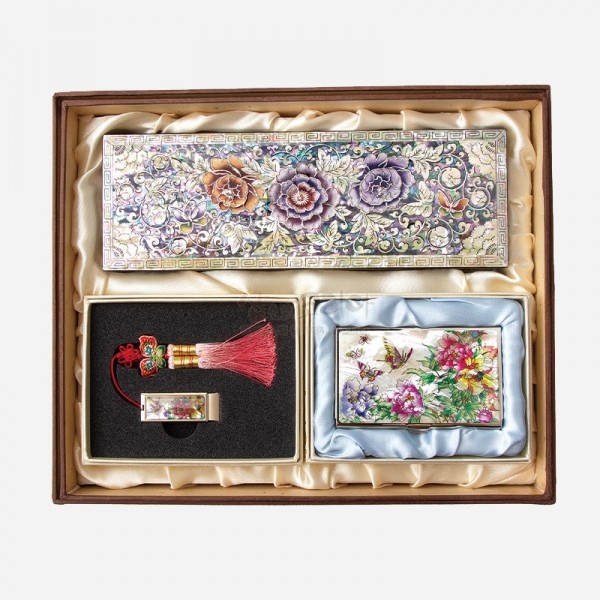 자개필함세트-나전으로 핀 모란(필함,명함케이스,usb32G) - 목단과 나비의 화려한 나전칠기 실속형 필함 3종세트