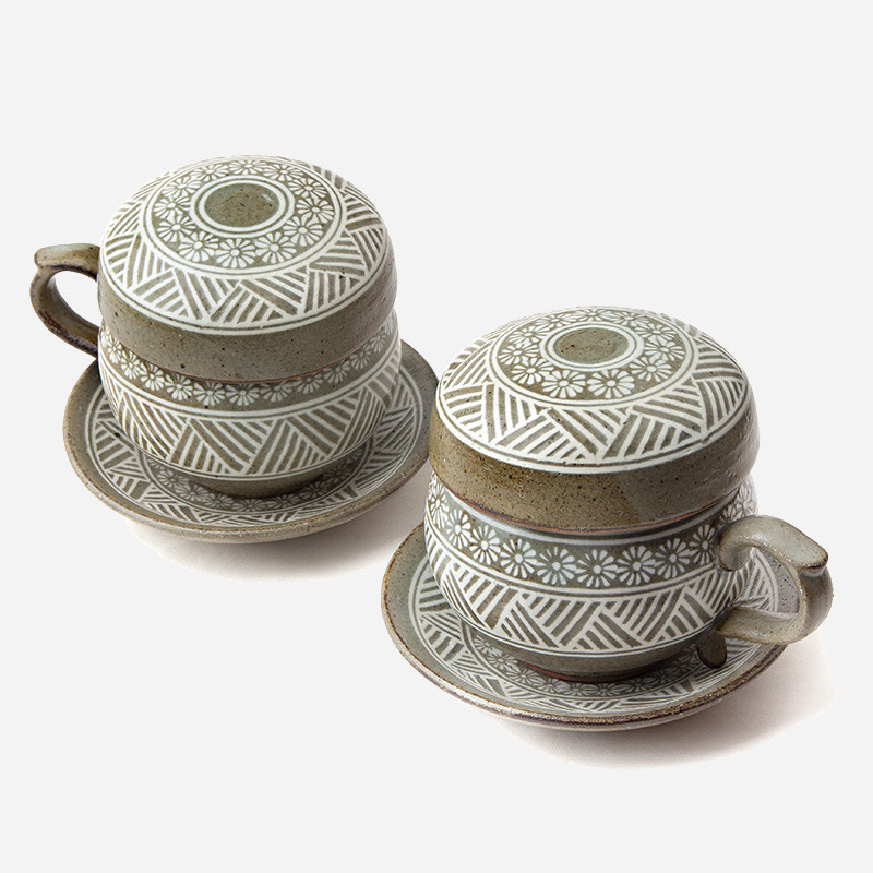 분청2인다기잔세트-국화문 - 분청기법을 사용한 다기잔