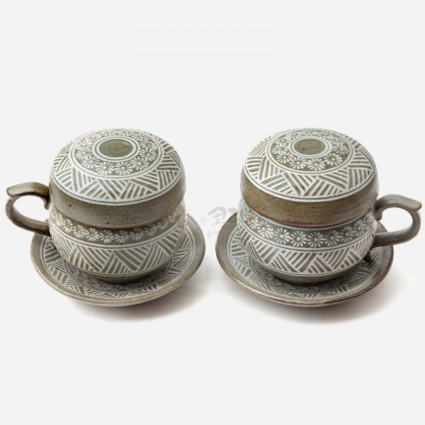 분청2인다기잔세트-국화문 - 분청기법을 사용한 다기잔