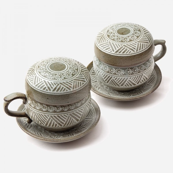 분청2인다기잔세트-국화문 - 분청기법을 사용한 다기잔