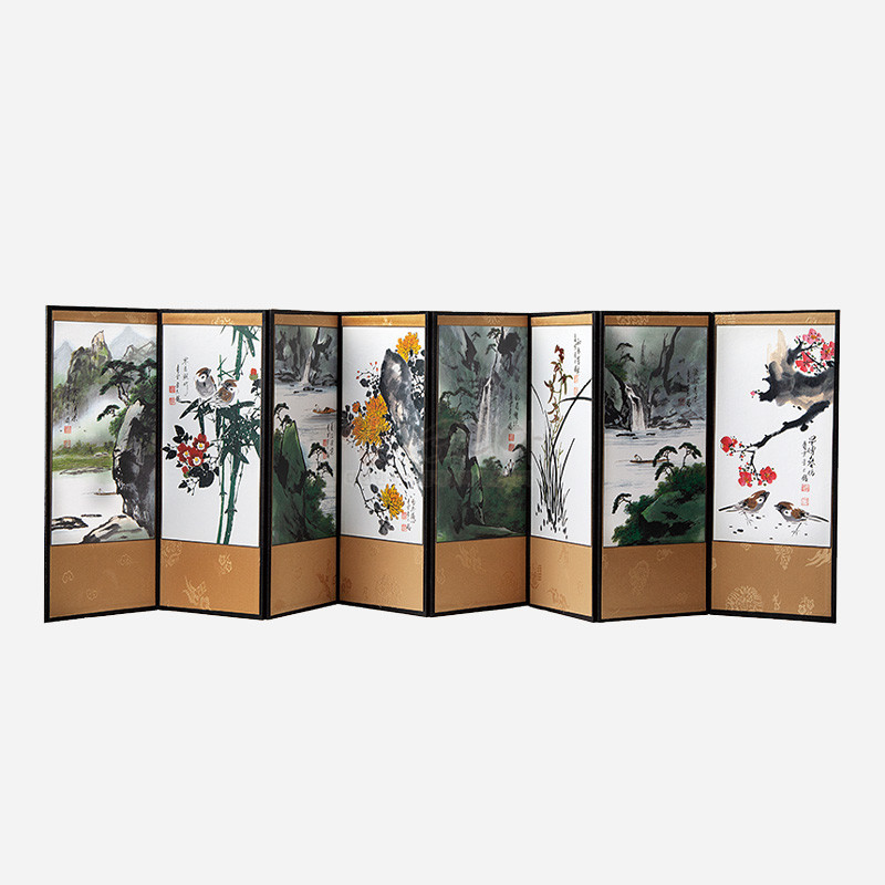 8폭실크병풍 대-색산수사군자 - 