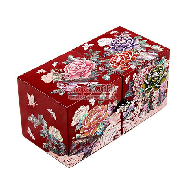 쌍합 목단 적색, 자개 숲으로의 초대 - 화려한 목단 무늬가 담긴 쌍합보석함