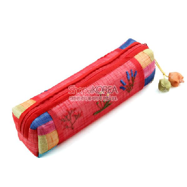 꽃자수 모시 필통-적색 - 꽃무늬가 돋보이는 예쁜 모시 필통