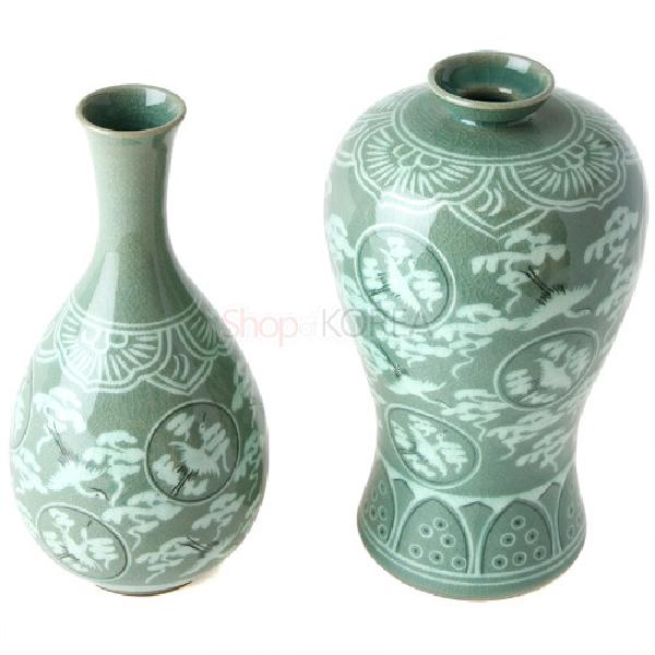 청자상감운학 주매병 세트 특대-보자기포장 - 고려 청자상감운학주문매병을 재현