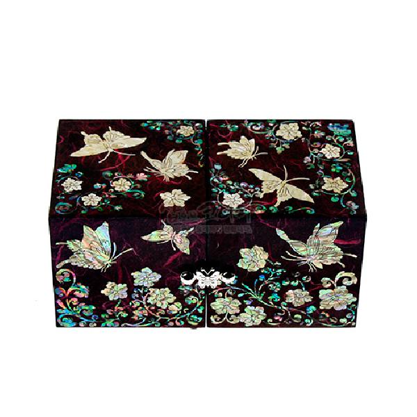 한지와 자개-쌍합 당초나비(보라) - 신비한 느낌의 한지 쌍합보석함