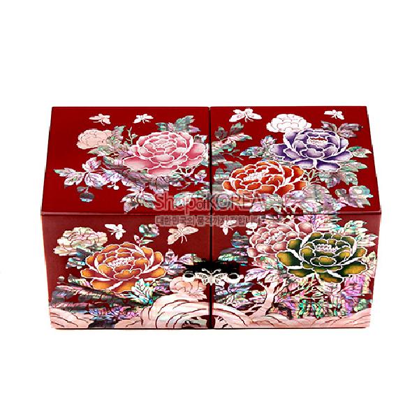 쌍합 목단 적색, 자개 숲으로의 초대 - 화려한 목단 무늬가 담긴 쌍합보석함